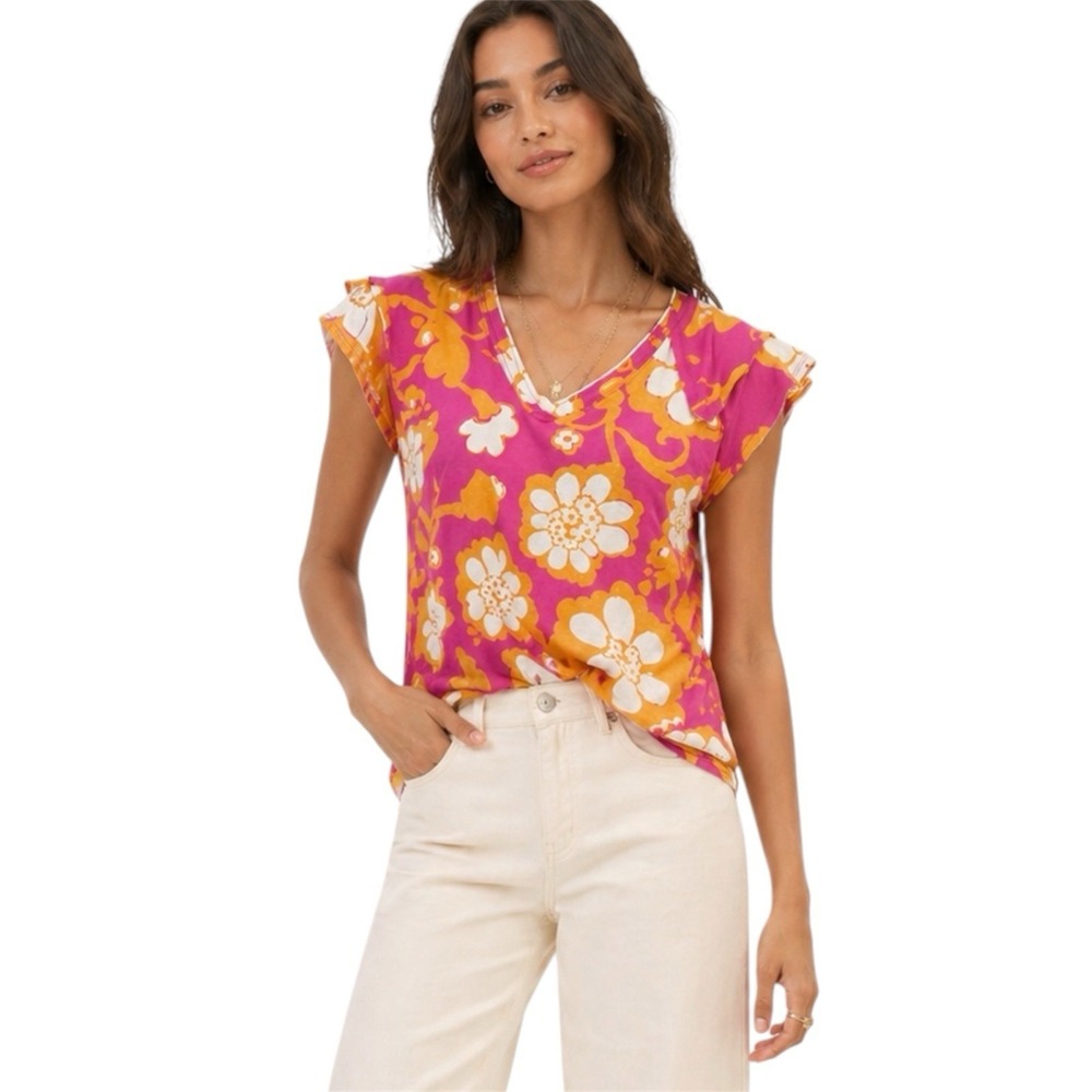 Maeve Anthropologie Pink Orange Floral V Neck Flutter Sleeve Tee Top NWT M